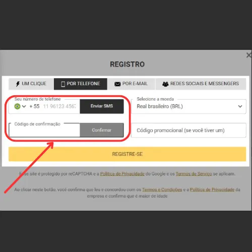 Digite seu número de telefone e confirme o SMS